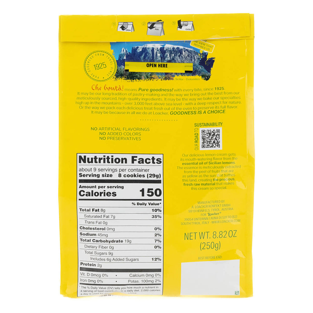 Quadratini Lemon, Crème-Filled Wafer Cookies, 8.82 oz. Bag - Nutrition Facts Panel
