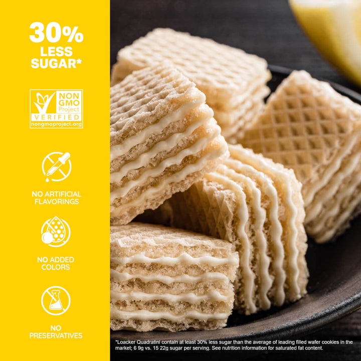 Quadratini Lemon, Crème-Filled Wafer Cookies, 8.82 oz. Bag - 30% Less Sugar*; Non-GMO; No Artificial Flavorings; No Added Colors; No Preservative; *Loacker Quatrain contain at least 30% less sugar than the average leading filled wafer cookies on the market; 6 9g vs. 15 22g sugar per serving. See Nutrition Information for saturated fat content.