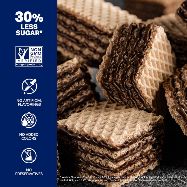 Quadratini Chocolate, Creme-Filled Wafer Cookies, 8.82 oz. Bag - 30% Less Sugar*; Non-GMO; No Artificial Flavorings; No Added Colors; No Preservative; *Loacker Quatrain contain at least 30% less sugar than the average leading filled wafer cookies on the market; 6 9g vs. 15 22g sugar per serving. See Nutrition Information for saturated fat content.