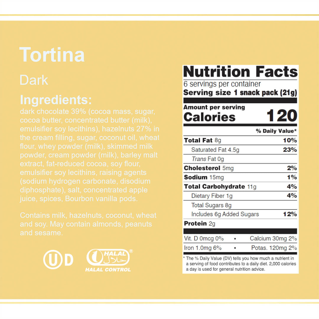 Tortina Dark, Chocolate Coated Wafer Specialty, 4.44 oz. Box - Nutrition Facts Panel