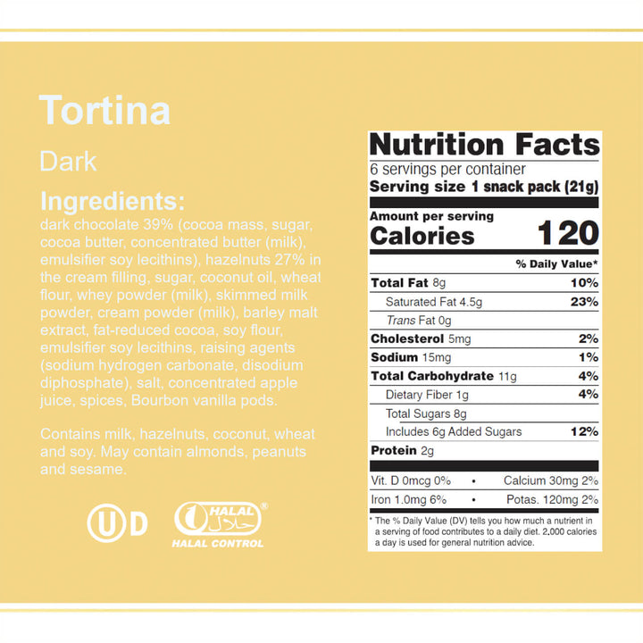 Tortina Dark, Chocolate Coated Wafer Specialty, 4.44 oz. Box - Nutrition Facts Panel