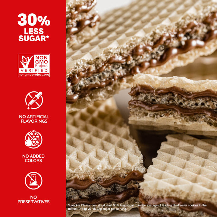 Classic Hazelnut, Creme-Filled Wafer Cookies, 6.17 oz. Bag - 30% Less Sugar*; Non-GMO; No Artificial Flavorings; No Added Colors; No Preservative; *Loacker Quatrain contain at least 30% less sugar than the average leading filled wafer cookies on the market; 6 9g vs. 15 22g sugar per serving. See Nutrition Information for saturated fat content.