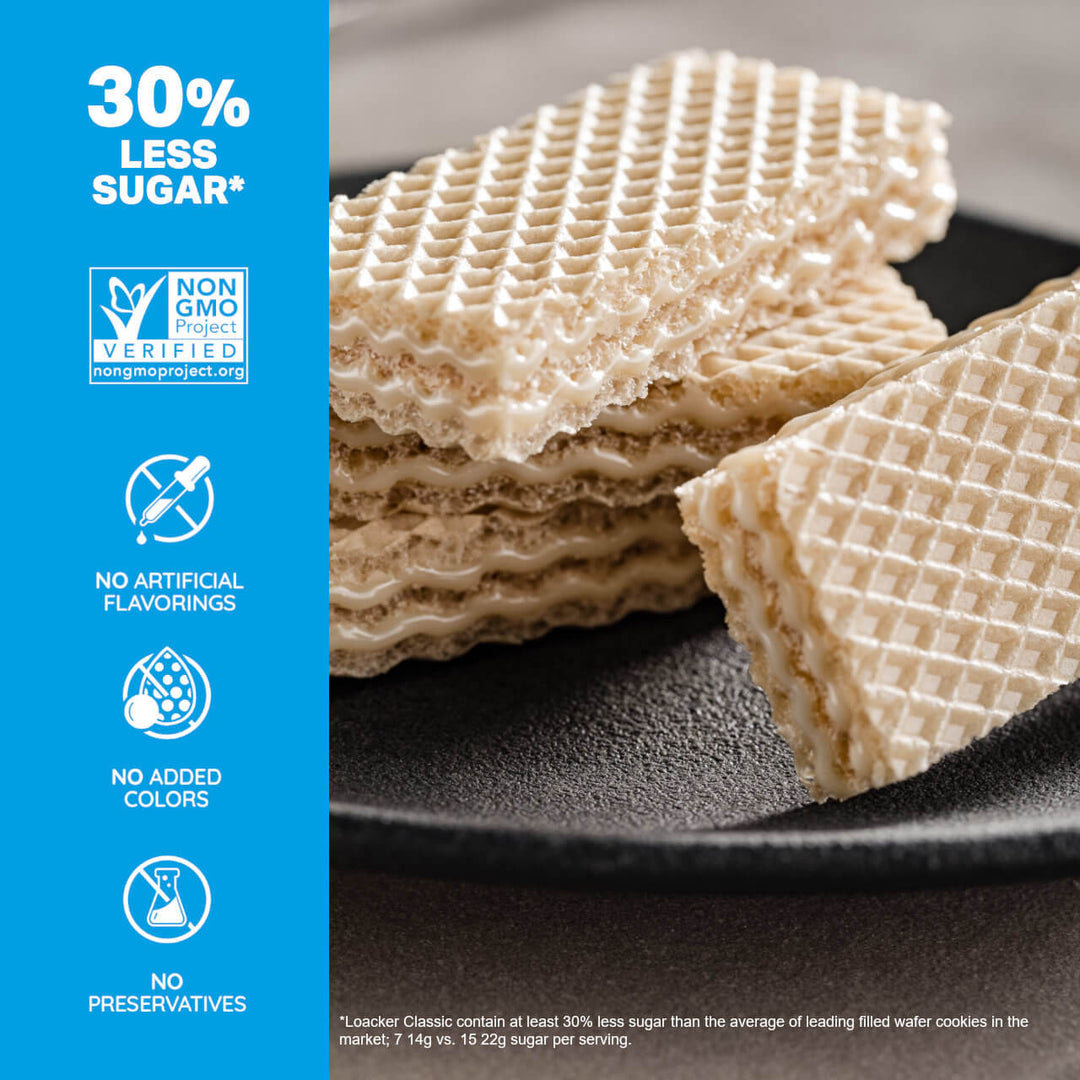 Classic Vanilla, Creme-Filled Wafer Cookies, 6.17 oz. Bag - 30% Less Sugar*; Non-GMO; No Artificial Flavorings; No Added Colors; No Preservative; *Loacker Quatrain contain at least 30% less sugar than the average leading filled wafer cookies on the market; 6 9g vs. 15 22g sugar per serving. See Nutrition Information for saturated fat content.