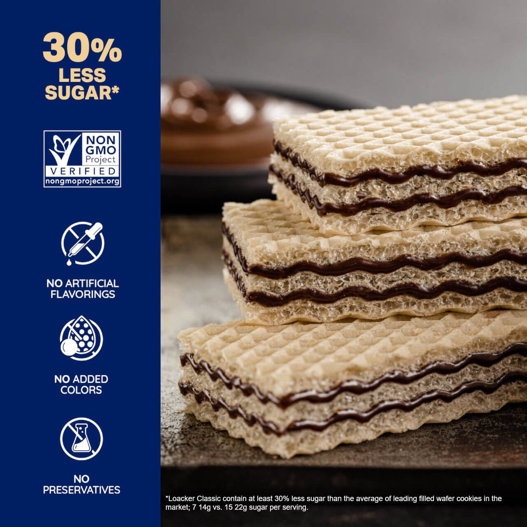 Classic Chocolate, Creme-Filled Wafer Cookies, 6.17 oz. Bag - 30% Less Sugar*; Non-GMO; No Artificial Flavorings; No Added Colors; No Preservative; *Loacker Quatrain contain at least 30% less sugar than the average leading filled wafer cookies on the market; 6 9g vs. 15 22g sugar per serving. See Nutrition Information for saturated fat content.
