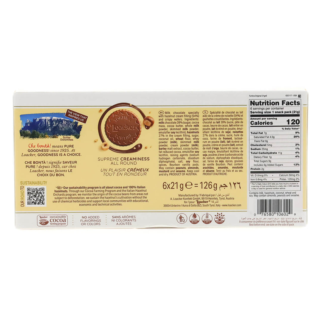 Tortina Original, Chocolate Coated Wafer Specialty, 4.44 oz. Box - Nutrition Facts Panel