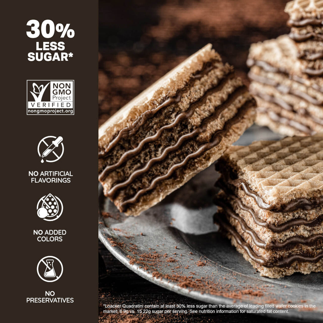 Quadratini Dark Chocolate, Creme-Filled Wafer Cookies, 8.82 oz.  - 30% Less Sugar*; Non-GMO; No Artificial Flavorings; No Added Colors; No Preservative; *Loacker Quatrain contain at least 30% less sugar than the average leading filled wafer cookies on the market; 6 9g vs. 15 22g sugar per serving. See Nutrition Information for saturated fat content.
