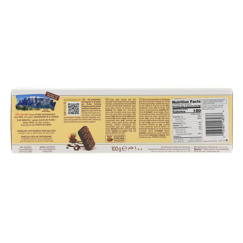 Patisserie Dark Hazelnut, Chocolate Coated Specialty, 3.53 oz. Box - Nutrition Facts Panel
