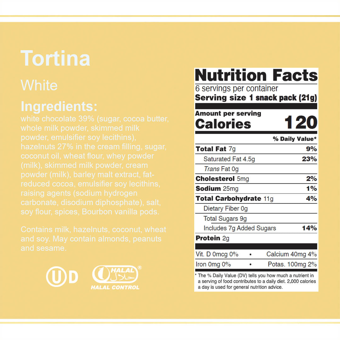 Tortina White, Chocolate Coated Wafer Specialty, 4.44 oz. Box - Nutrition Facts Panel