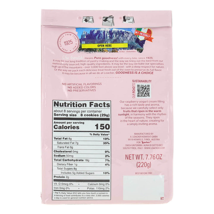 Quadratini Raspberry-Yogurt, Creme-Filled Wafers, 7.76 oz. Bag - Nutrition Facts Panel
