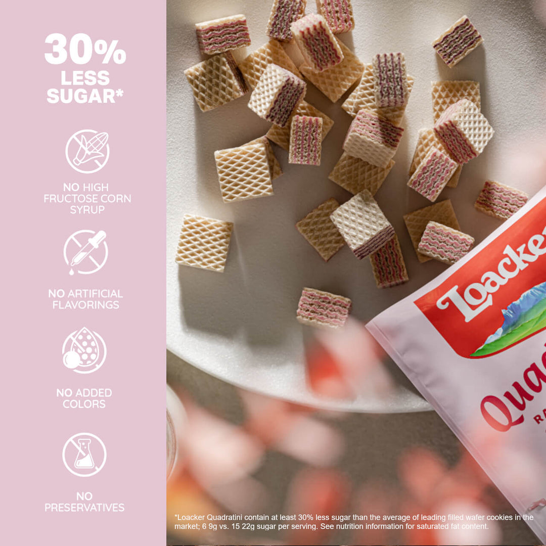 Quadratini Raspberry-Yogurt, Creme-Filled Wafers, 7.76 oz. Bag - 30% Less Sugar*; No High Fructose CornSyrup; No Artificial Flavorings; No Added Colors; No Preservative; *Loacker Quatrain contain at least 30% less sugar than the average leading filled wafer cookies on the market; 6 9g vs. 15 22g sugar per serving. See Nutrition Information for saturated fat content.