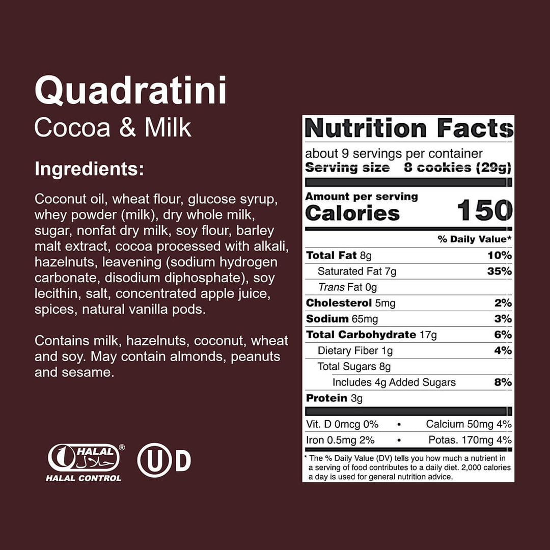 Quadratini Cocoa & Milk, Creme-Filled Wafer Cookies, 8.82 oz. Bag - Nutrition Facts Panel
