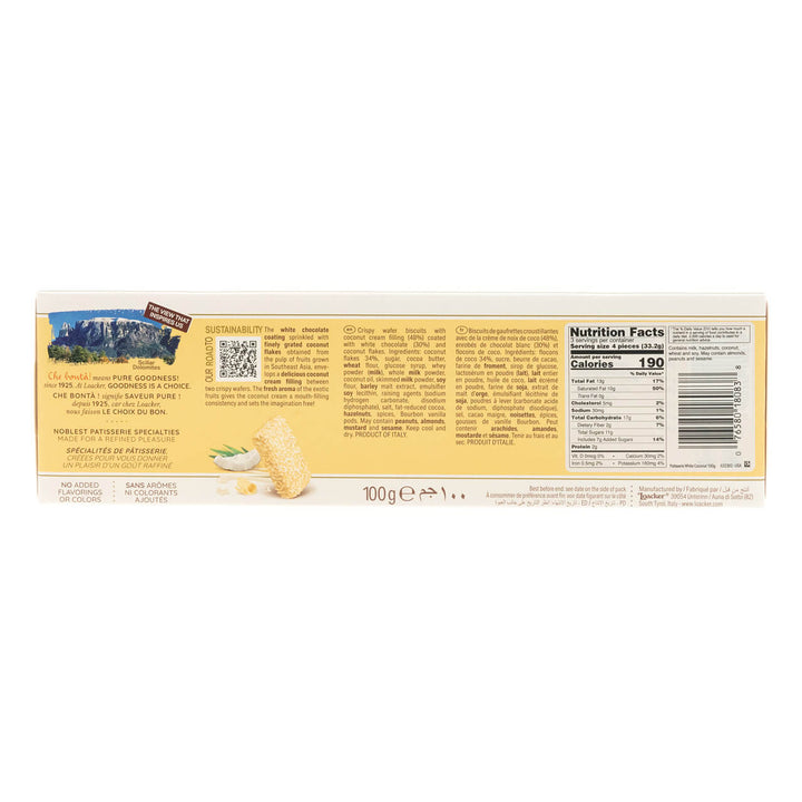 Patisserie White Coconut, Chocolate Coated Specialty, 3.53 oz. Box - Nutrition Facts Panel
