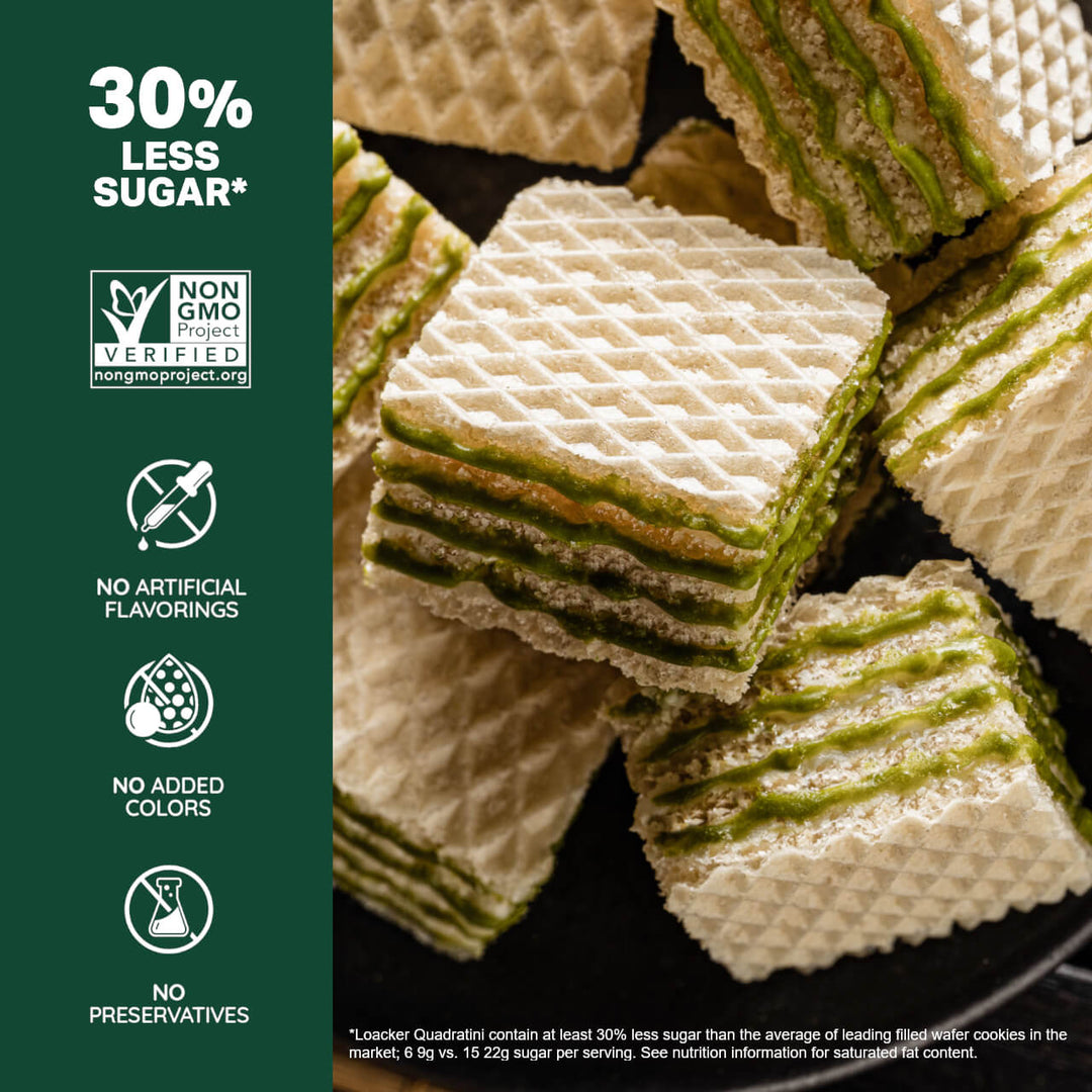 Quadratini Matcha Green Tea, Creme-Filled Wafer Cookies, 7.76 oz. Bag - 30% Less Sugar*; Non-GMO; No Artificial Flavorings; No Added Colors; No Preservative; *Loacker Quatrain contain at least 30% less sugar than the average leading filled wafer cookies on the market; 6 9g vs. 15 22g sugar per serving. See Nutrition Information for saturated fat content.