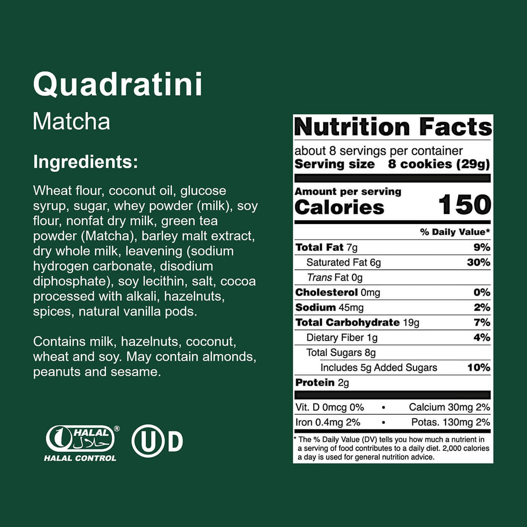 Quadratini Matcha Green Tea, Creme-Filled Wafer Cookies, 7.76 oz. Bag - Nutrition Facts Panel