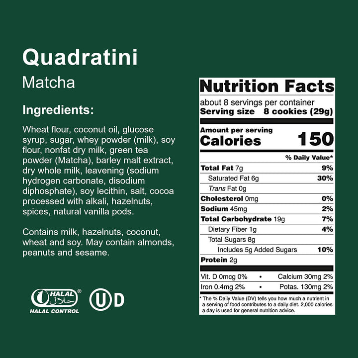 Quadratini Matcha Green Tea, Creme-Filled Wafer Cookies, 7.76 oz. Bag - Nutrition Facts Panel