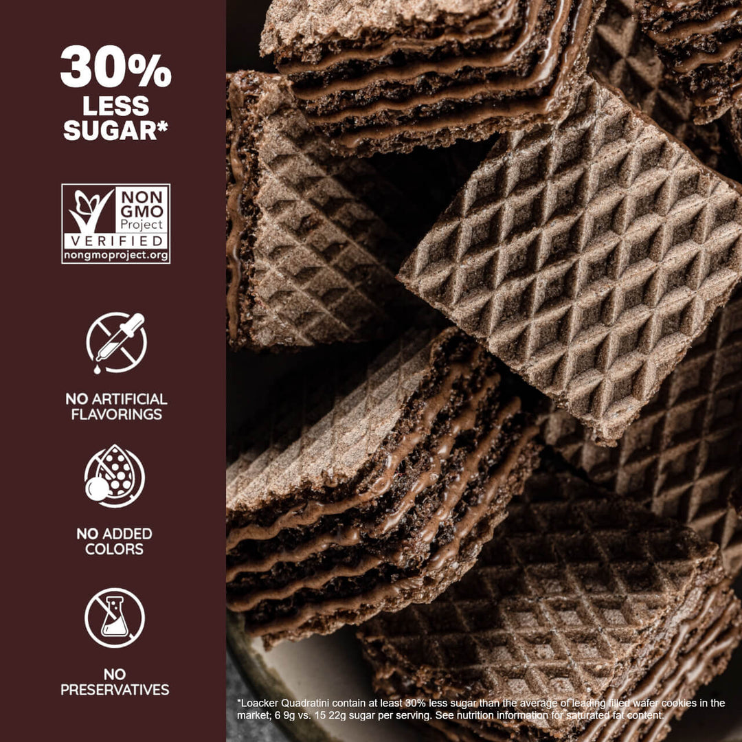 Quadratini Double Chocolate, Creme-Filled Wafer Cookies, 8.82 oz. Bag - 30% Less Sugar*; Non-GMO; No Artificial Flavorings; No Added Colors; No Preservative; *Loacker Quatrain contain at least 30% less sugar than the average leading filled wafer cookies on the market; 6 9g vs. 15 22g sugar per serving. See Nutrition Information for saturated fat content.
