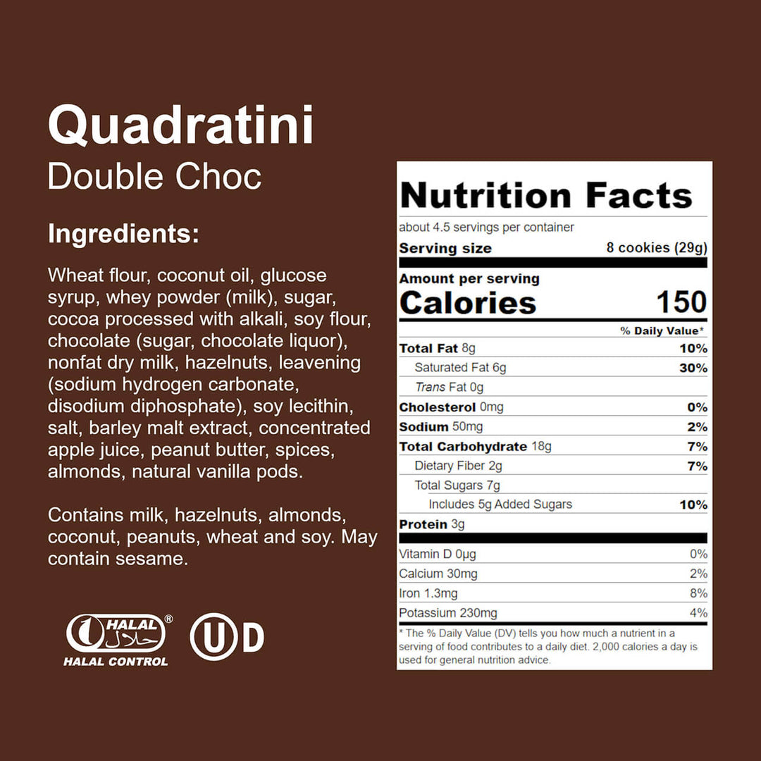 Quadratini Double Chocolate, Creme-Filled Wafer Cookies, 8.82 oz. Bag - Nutrition Facts Panel