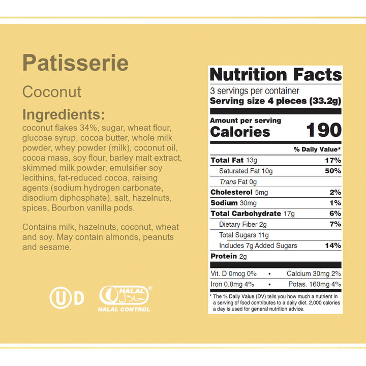 Patisserie Coconut, Individually Wrapped Specialties, 3.51 oz. Box - Nutrition Facts Panel