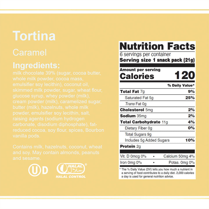 Tortina Caramel, Chocolate Coated Wafer Specialty, 4.44 oz. Box - Nutrition Facts Panel