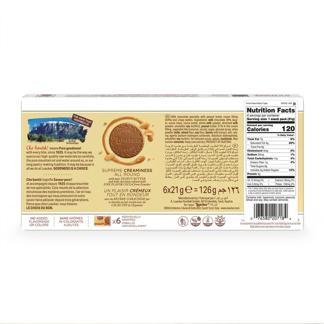 Tortina Peanut Butter, Chocolate Coated Wafer Specialty, 4.44 oz. Box - Nutrition Facts Panel