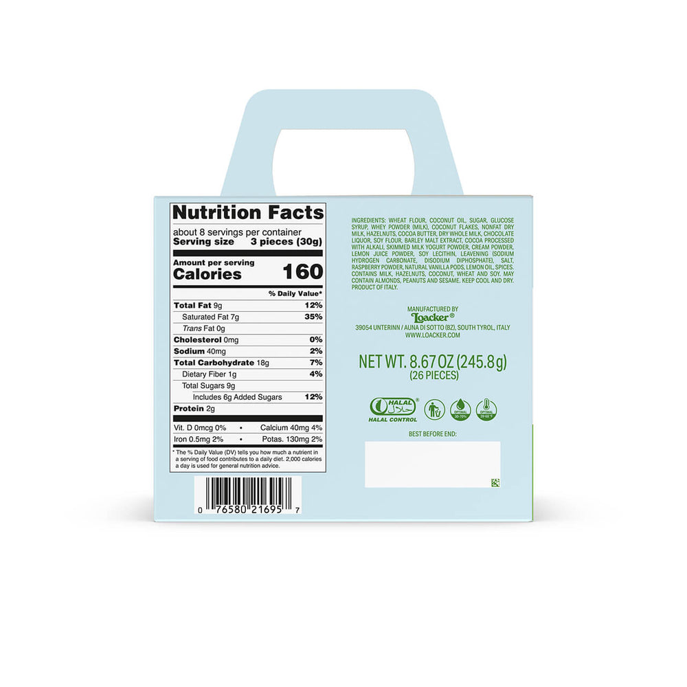 Loacker Spring Box, Premium Wafer & Chocolate Specialties, 8.67 oz. Box Nutrition Fact Panel